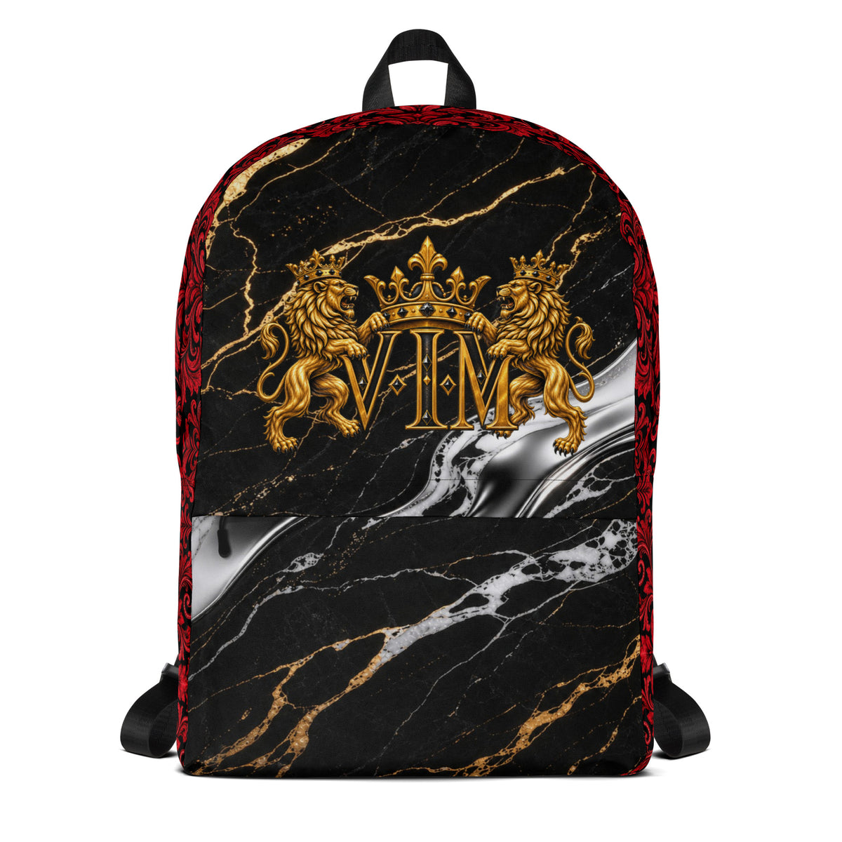 Velvet Ink Market Gold Lion Crest Marble Backpack, front view featuring a gold VIM lion crest on black marble.