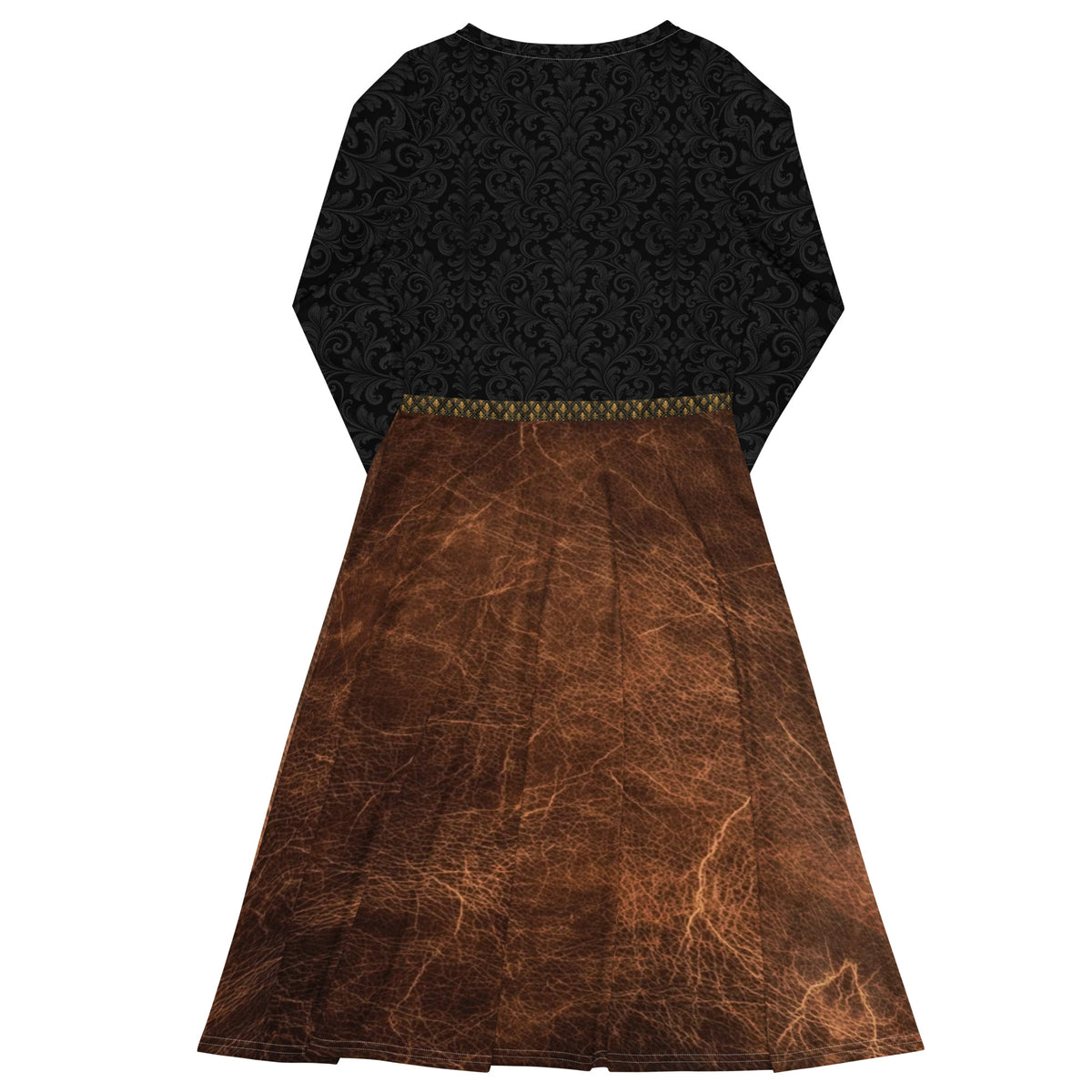 Velvet Ink Market Black Regal Leaf Long Sleeve Midi Dress, back view featuring an ornate black leaf-and-scroll pattern (additional photo 2).
