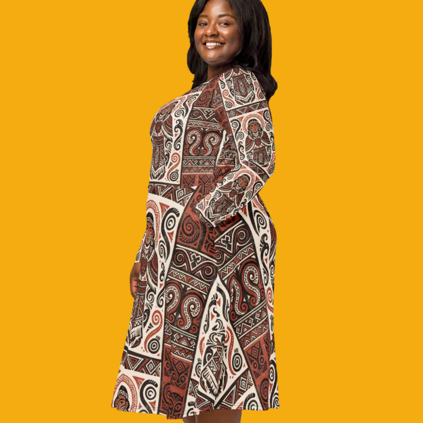 V.I.M Mauri Tribal Midi Dress for women with fitted waist, long sleeves, and Māori-inspired print in mid-weight jersey fabric