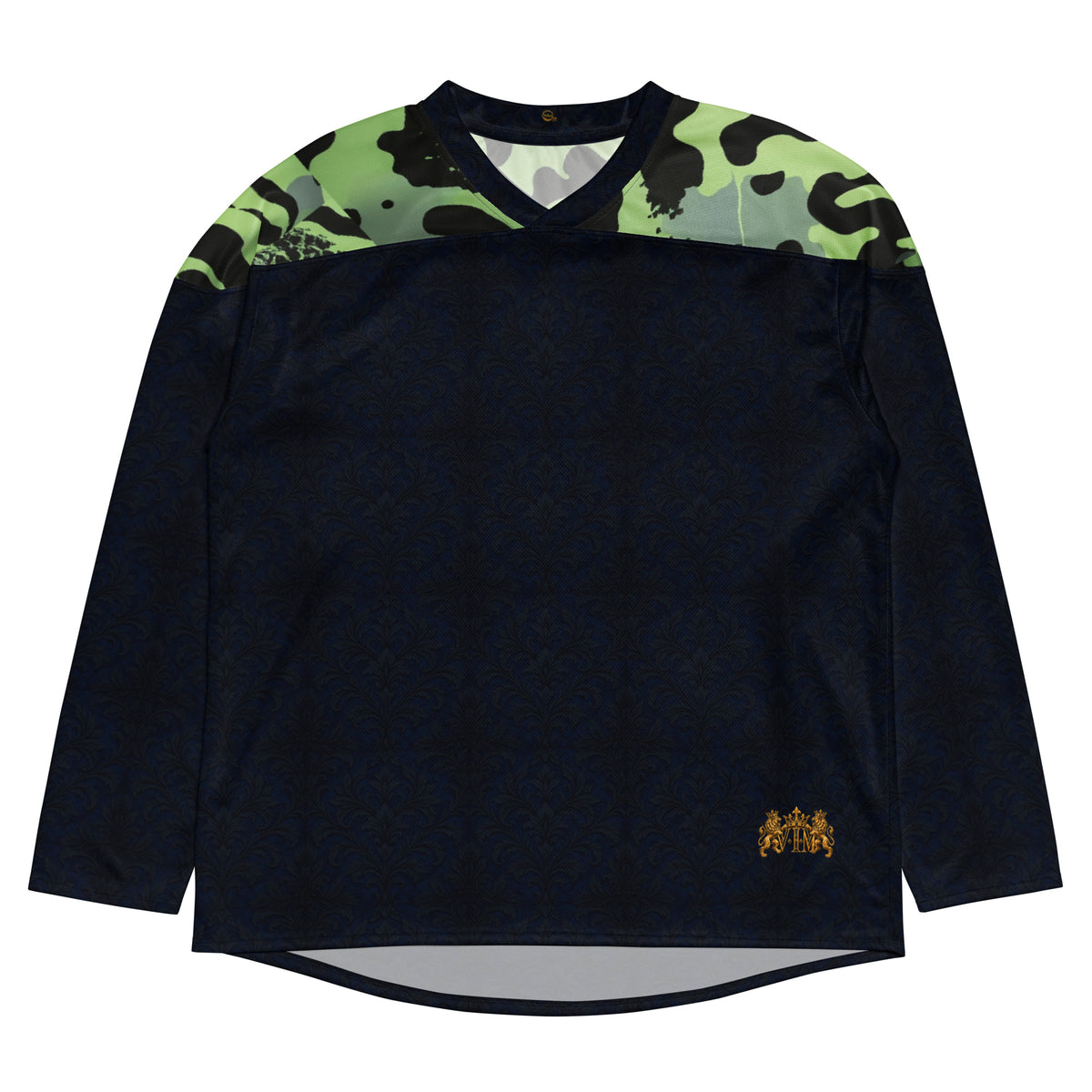 Velvet Ink Market Black & Green Camo Hockey Fan Jersey, front view featuring green camouflage panels and a gold lion crest (additional photo 2).