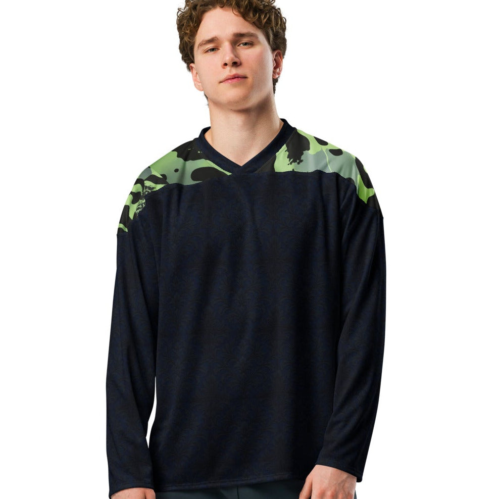 Velvet Ink Market Black & Green Camo Hockey Fan Jersey, front view featuring green camouflage panels and a gold lion crest.