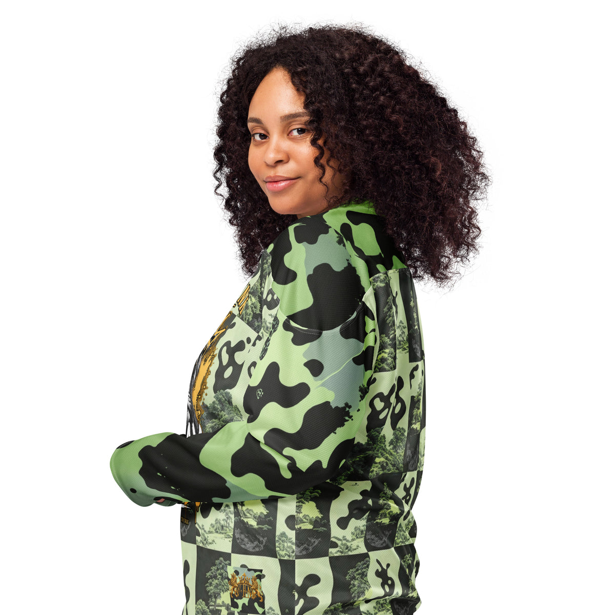 Velvet Ink Market Stay Wild Lion Green Camo Hockey Fan Jersey, left view featuring a crowned lion with sunglasses on green camouflage (additional photo 2).
