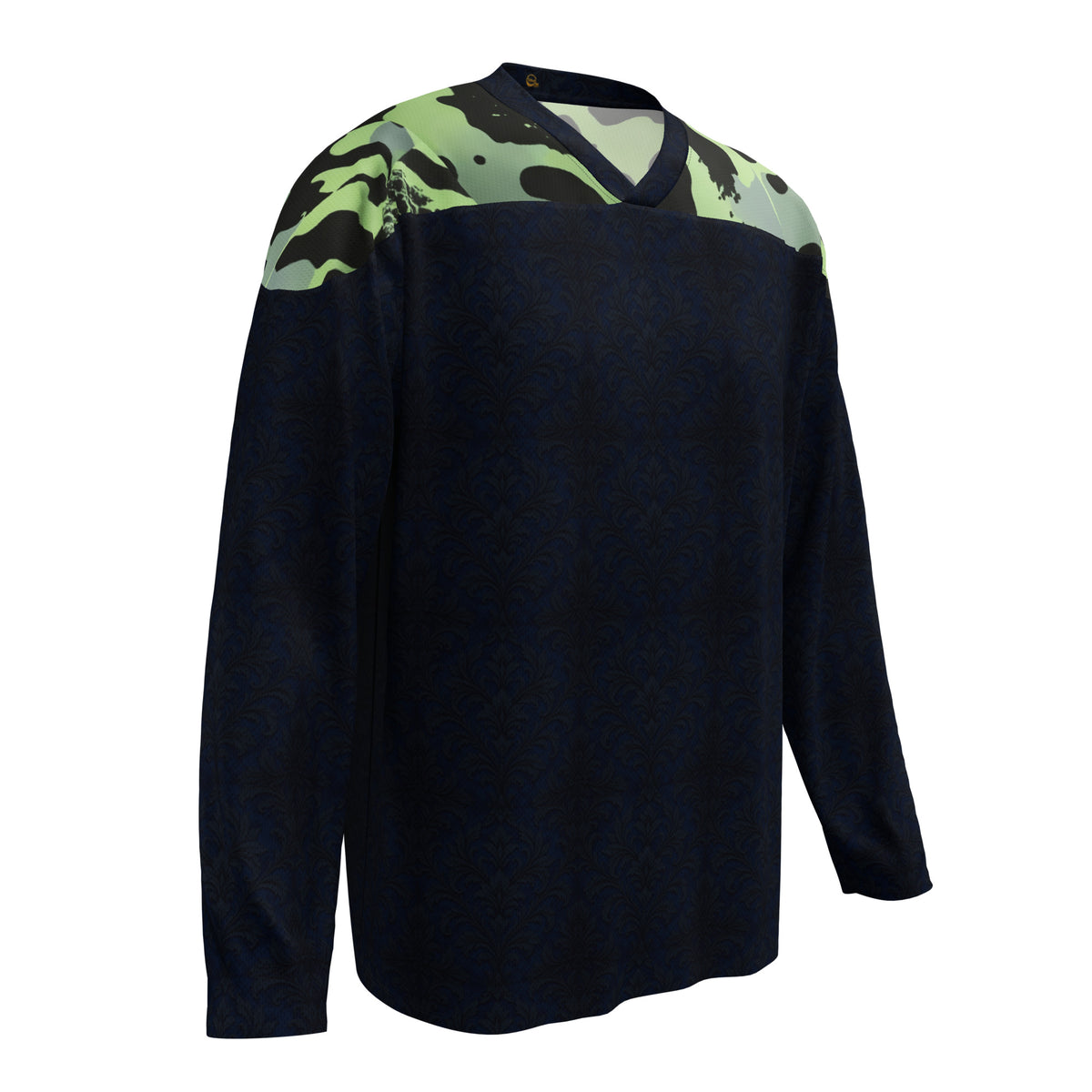 A long-sleeve athletic jersey in dark navy blue with a green and black camouflage pattern on the shoulders, displayed on a clean white background.