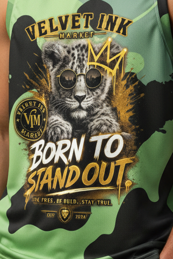 VIM Urban Camo Lion Pride unisex basketball jersey in recycled polyester with all-over camo print and performance features