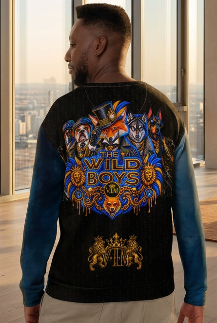 Velvet Ink Market Wild Boys Azure Blue Fox Sweatshirt, back view featuring an orange fox with azure blue Wild Boys lettering (additional photo 2).