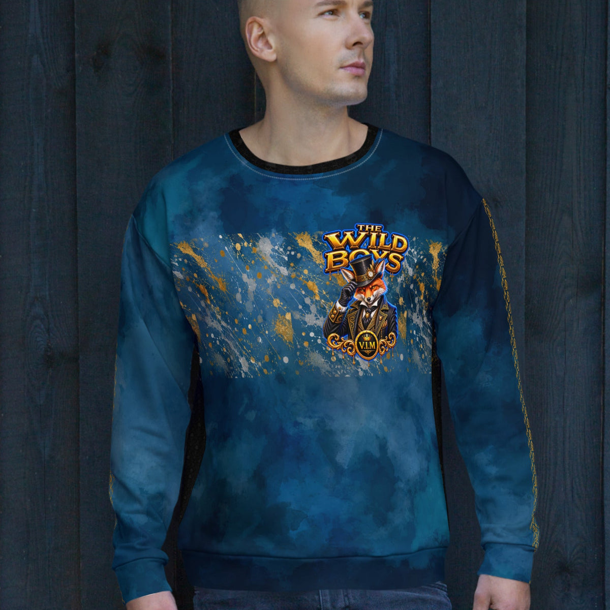 Velvet Ink Market Wild Boys Azure Blue Fox Sweatshirt, front view featuring an orange fox with azure blue Wild Boys lettering (additional photo 5).
