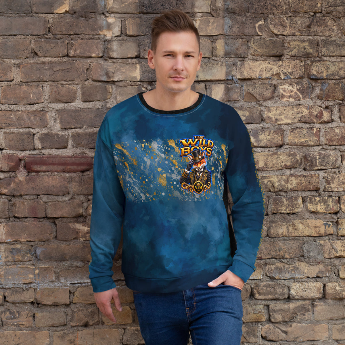 Velvet Ink Market Wild Boys Azure Blue Fox Sweatshirt, front view featuring an orange fox with azure blue Wild Boys lettering (additional photo 6).