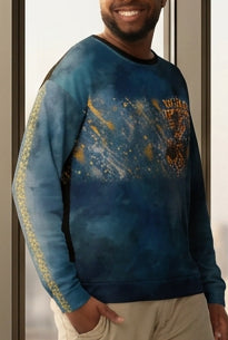 Velvet Ink Market Wild Boys Azure Blue Fox Sweatshirt, front view featuring an orange fox with azure blue Wild Boys lettering (additional photo 2).