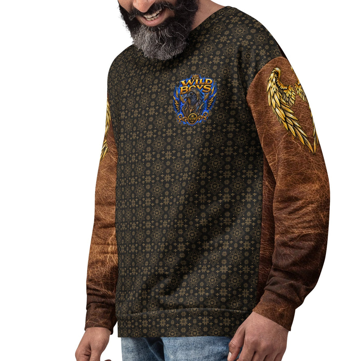 Velvet Ink Market Wild Boys Avian Edition Shadow & Gold Crest Sweatshirt worn by a model, left-front view with the Wild Boys chest crest