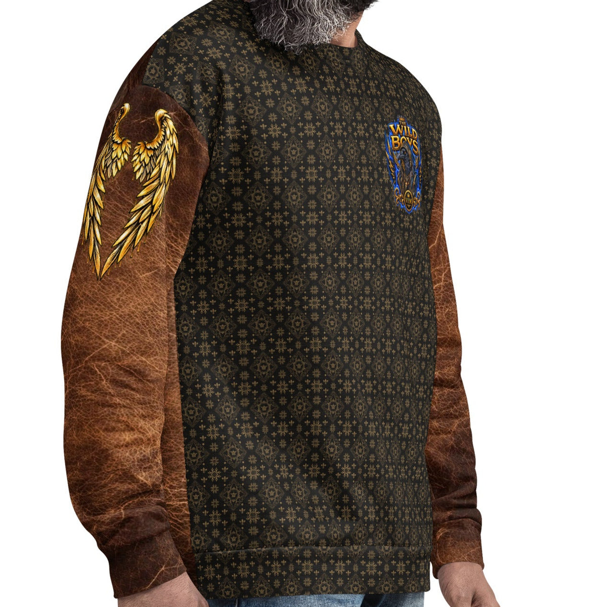 Velvet Ink Market Wild Boys Avian Edition Shadow & Gold Crest Sweatshirt worn by a model, right-front view of the golden-feather sleeve