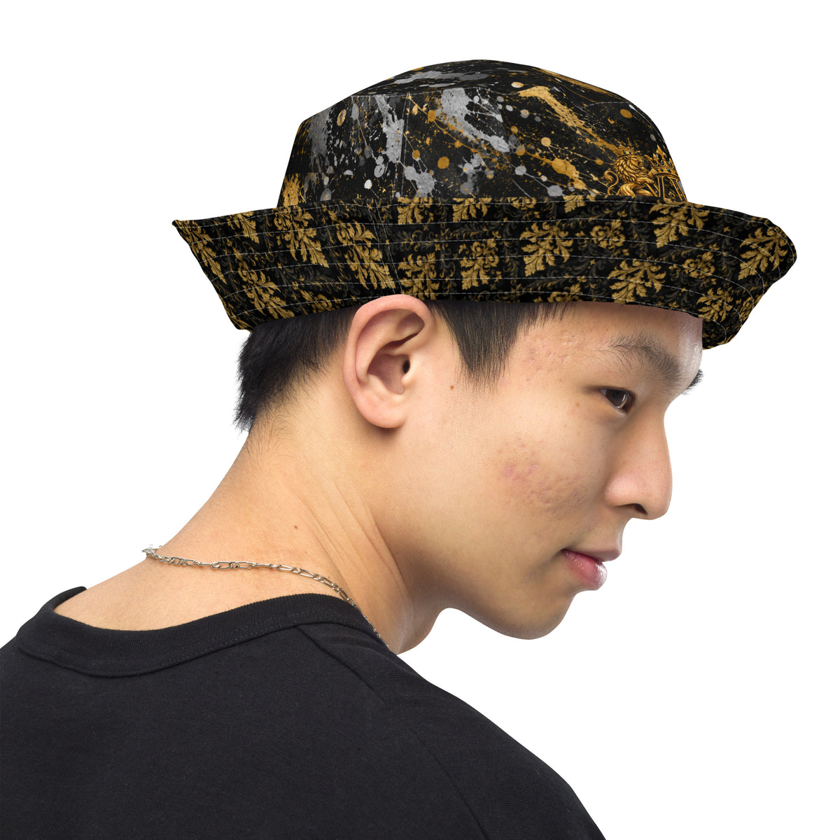 V.I.M Family Pride Black and Gold Reversible Bucket Hat, right-side view of the printed exterior.