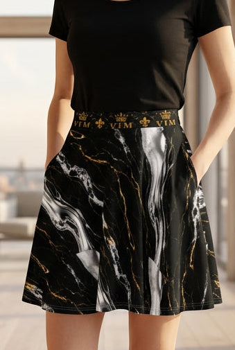 V.I.M skater skirt with black, white and gold-toned marble artwork