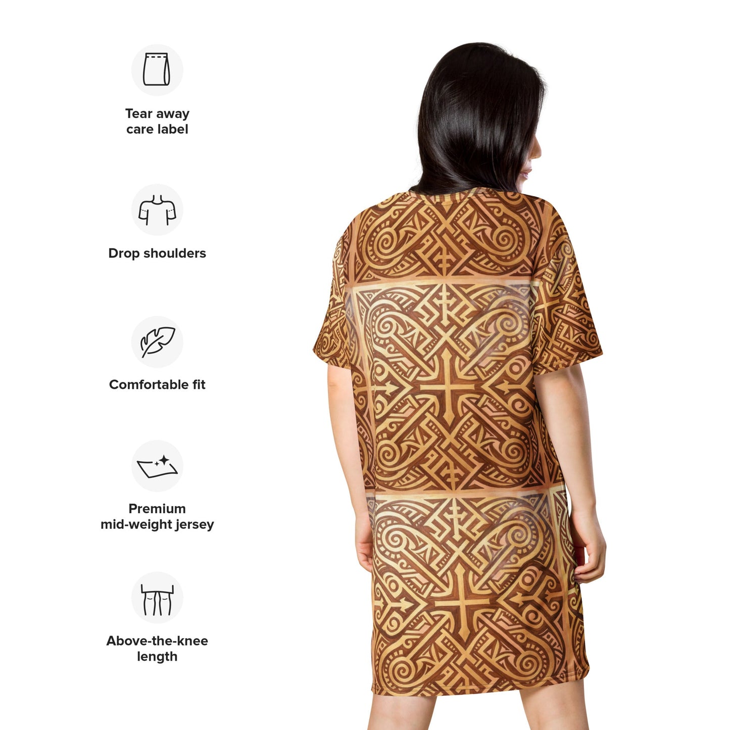 Woman wearing oversized Nordic tribal print T-shirt dress with drop shoulder and bold geometric patterns