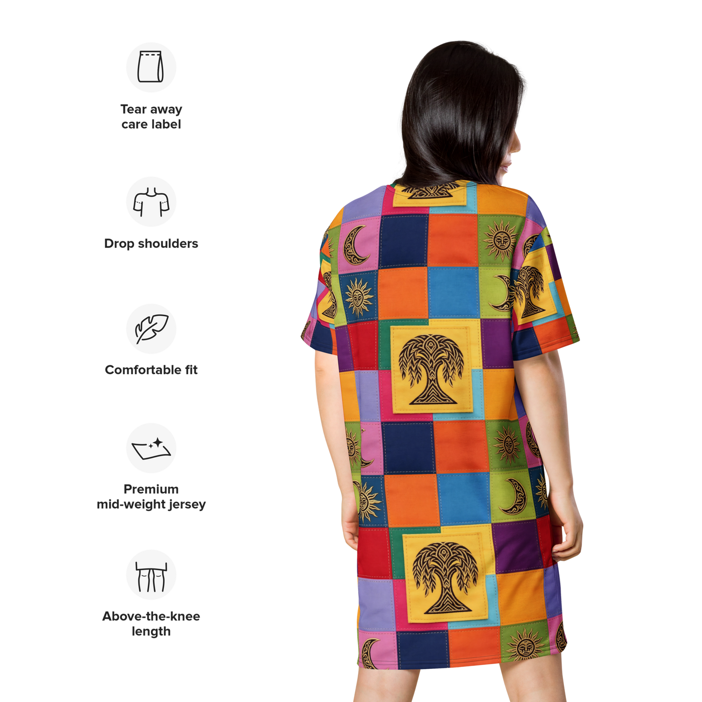 Nordic patchwork tribal print dress with stretch fabric and oversized drop-shoulder silhouette for women