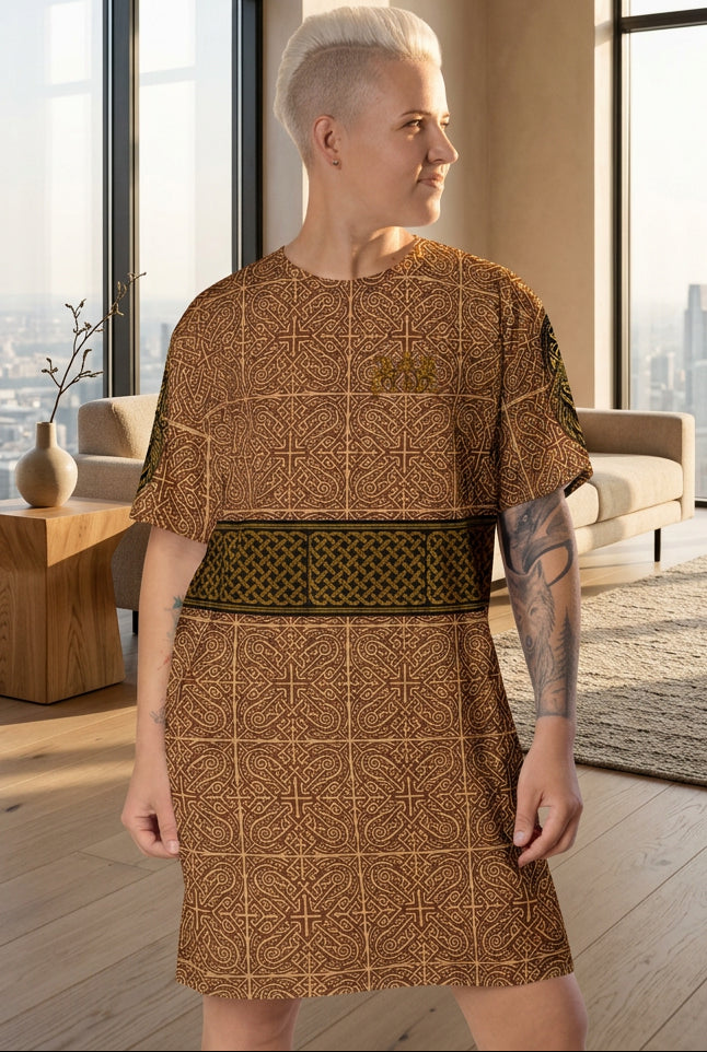 Velvet Ink Market Gold Lattice T-Shirt Dress, front view featuring a brown and gold geometric lattice pattern.