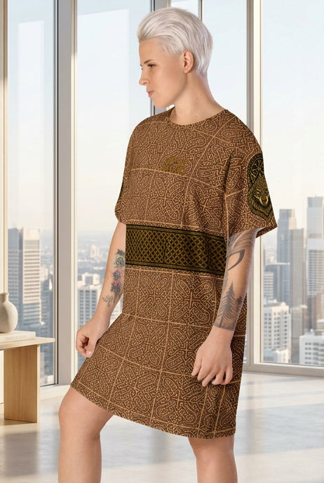 Velvet Ink Market Gold Lattice T-Shirt Dress, left front view featuring a brown and gold geometric lattice pattern.