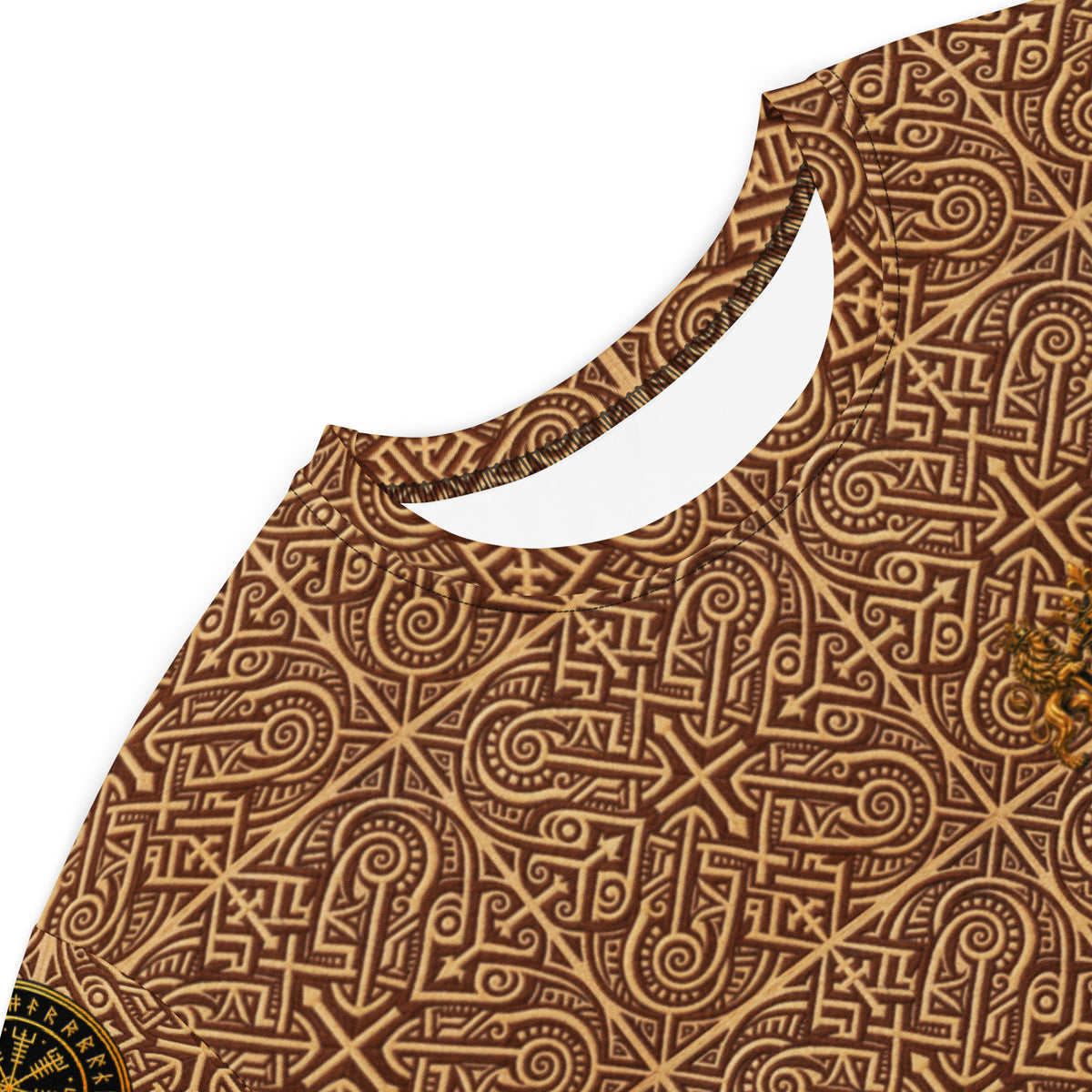 Close-up of a sleeveless top or dress with a wide round neckline, featuring an intricate brown and tan geometric tribal pattern on a white background.
