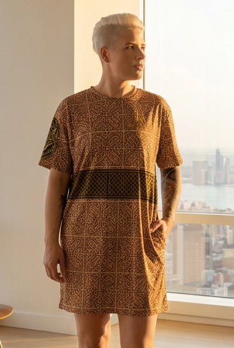 Velvet Ink Market Gold Lattice T-Shirt Dress, right front view featuring a brown and gold geometric lattice pattern.