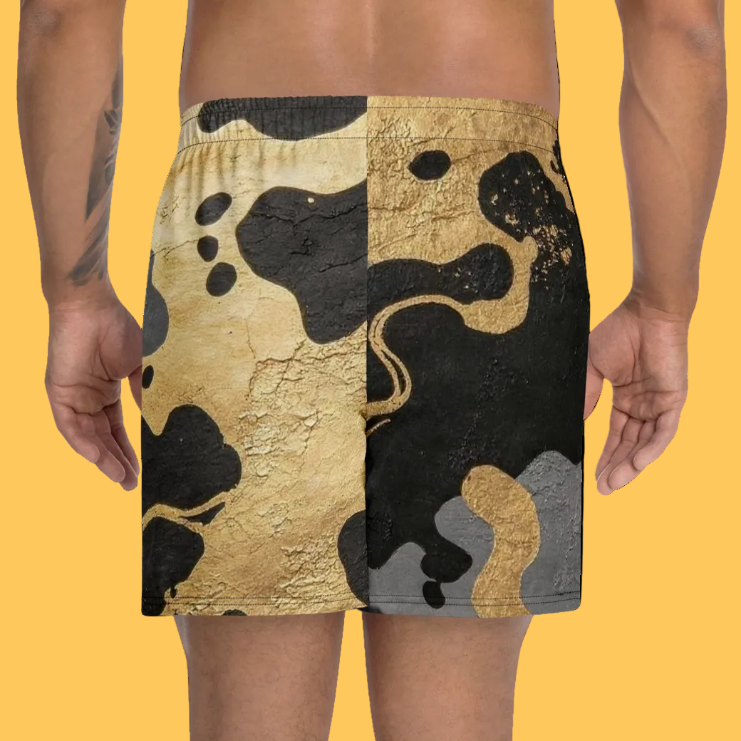 V.I.M Shadow Gold camo athletic long shorts with four-way stretch and mesh pockets