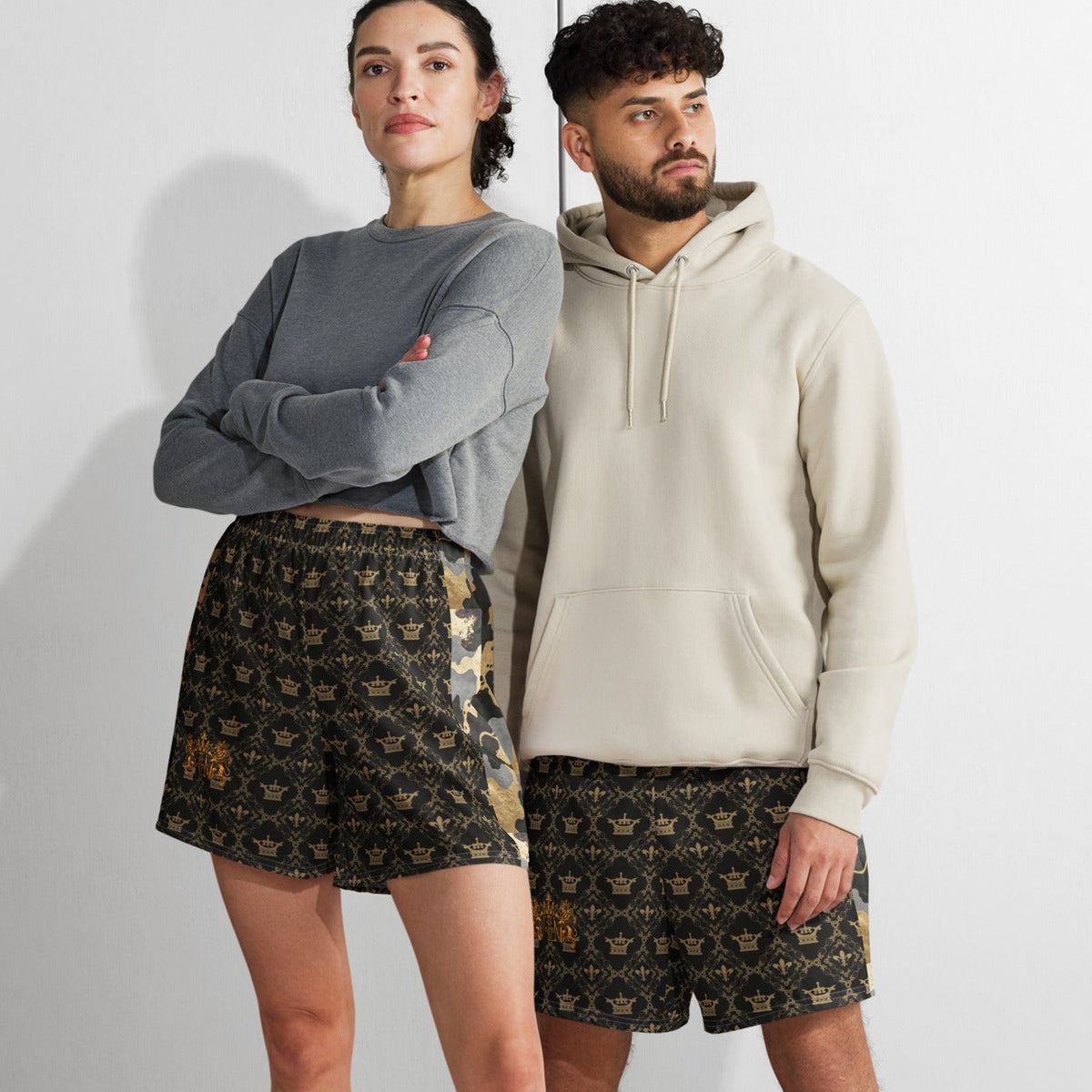 Additional front view of Shadow & Gold Camo Athletic Long Shorts in black and gold-tone camouflage