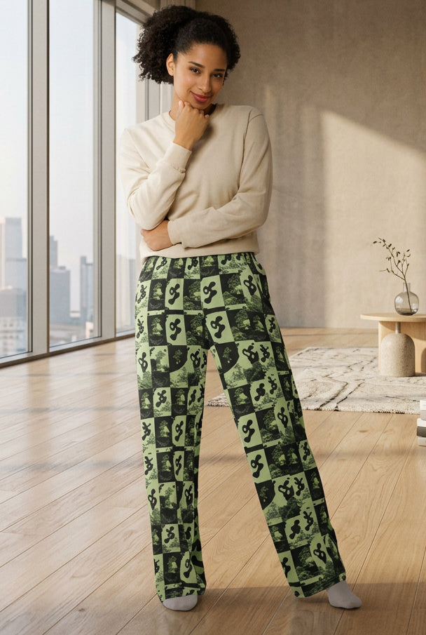 Velvet Ink Market Green Patchwork Camo Wide-Leg Pants, front view featuring green and black camouflage patchwork.