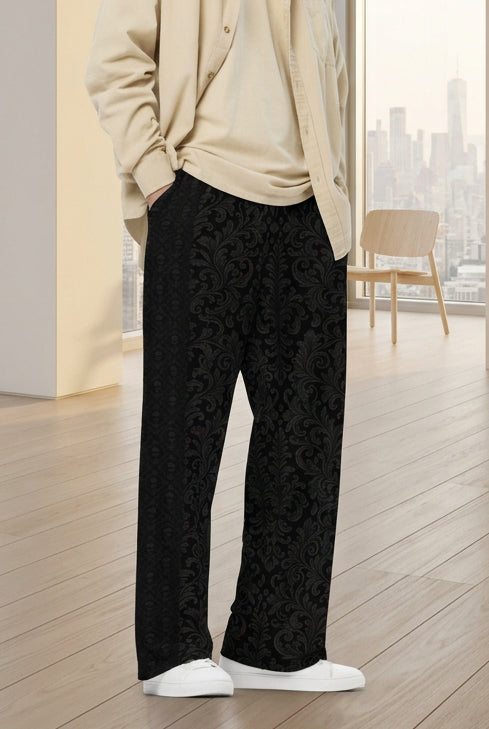 V.I.M Black Damask Wide-Leg Pants, alternate right-front view of the dark foliage print.