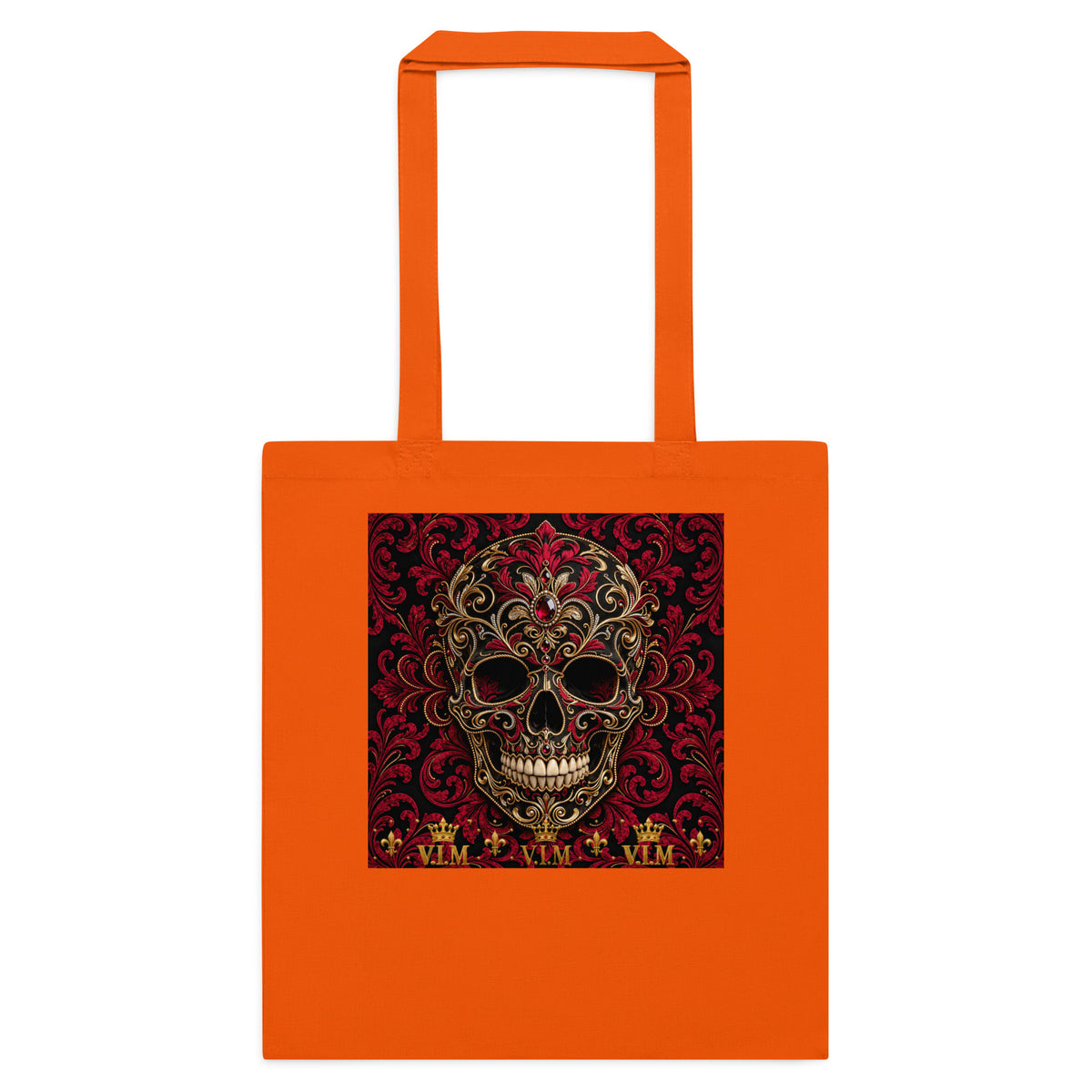 Front view of Orange cotton tote bag – V.I.M Burgundy & Gold Ornate Skull design