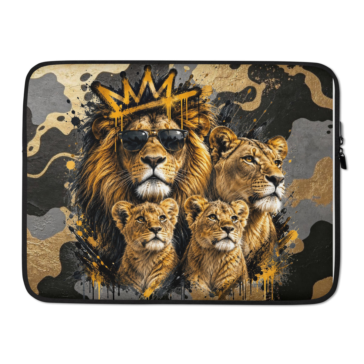 Velvet Ink Market Lion Pride Laptop Sleeve, front view featuring a lion family with a lioness, cubs and crowned lion (additional photo 4).