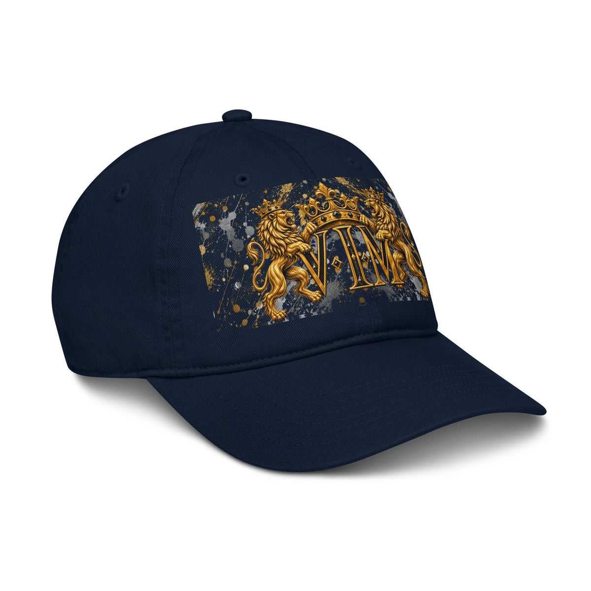 VIM Family Pride Organic Dad Hat for Dads with gold lion crest and heritage design on navy blue cotton cap