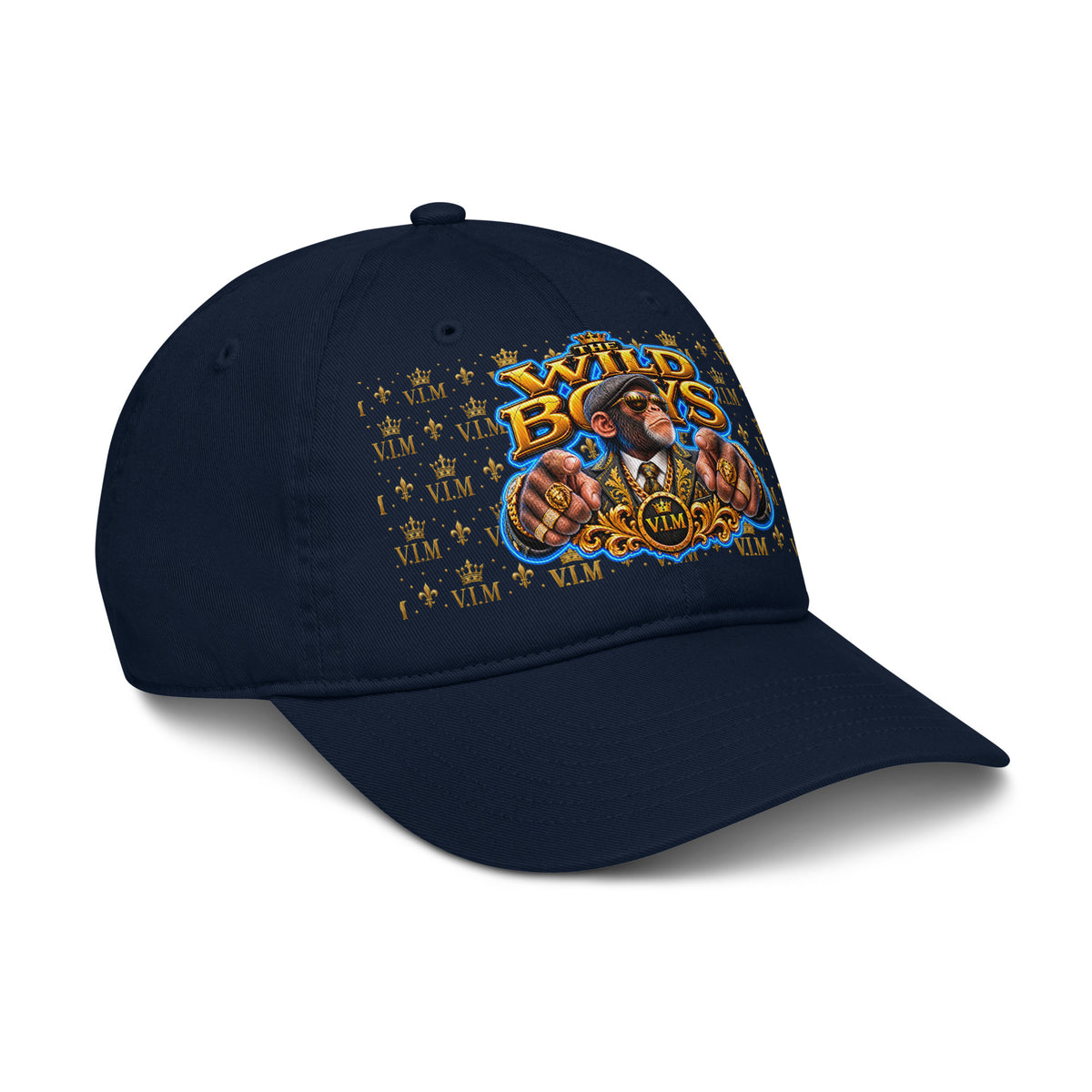 Pacific navy Wild Boys Chimp dad hat with a suited chimp and gold-and-blue lettering, angled front view, peak pointing right