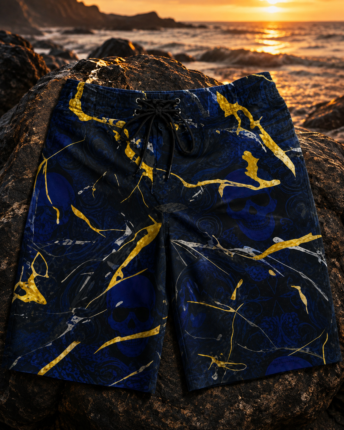 V.I.M Gold Marble Skull boardshorts, navy with gold skulls and marble streaks, quick-dry beachwear for modern adventurers