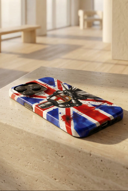 V.I.M Union Jack Knight snap case for iPhone 15 Pro, front view of the printed case.