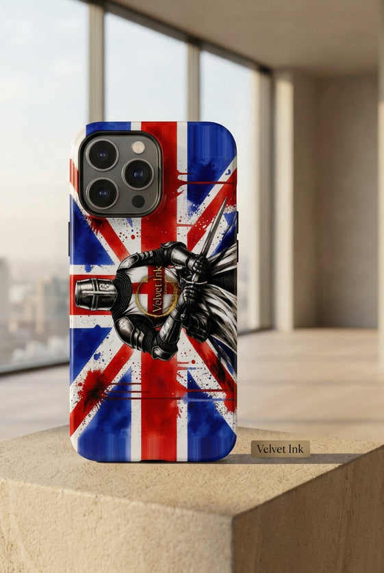 V.I.M Union Jack Knight snap case for iPhone 16, front view of the printed case.