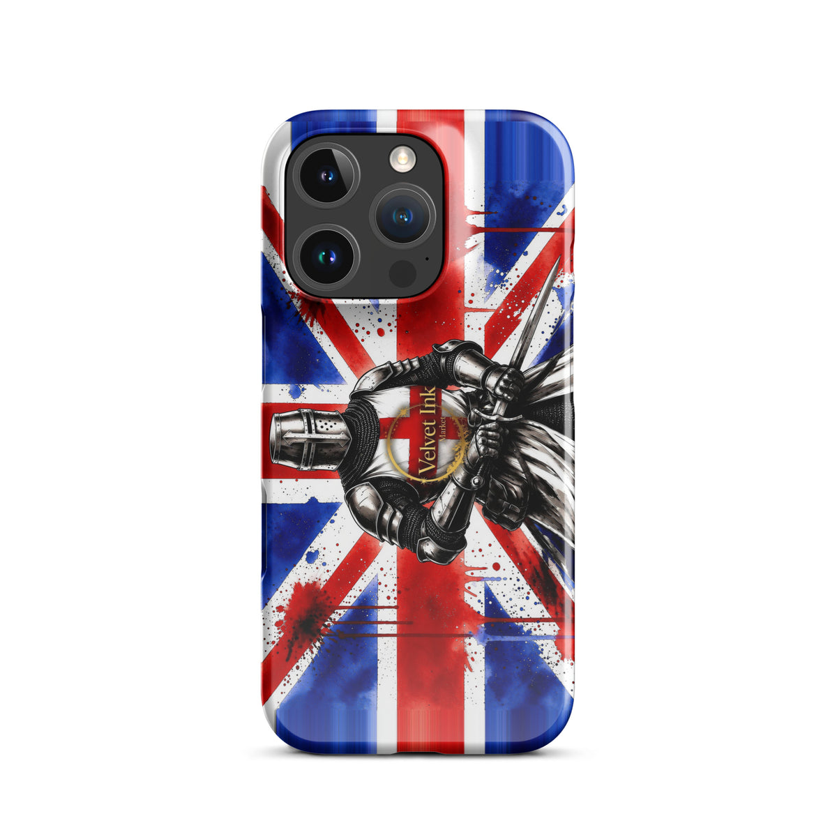 V.I.M Union Jack Knight snap case for iPhone 16 Pro, front view of the printed case.