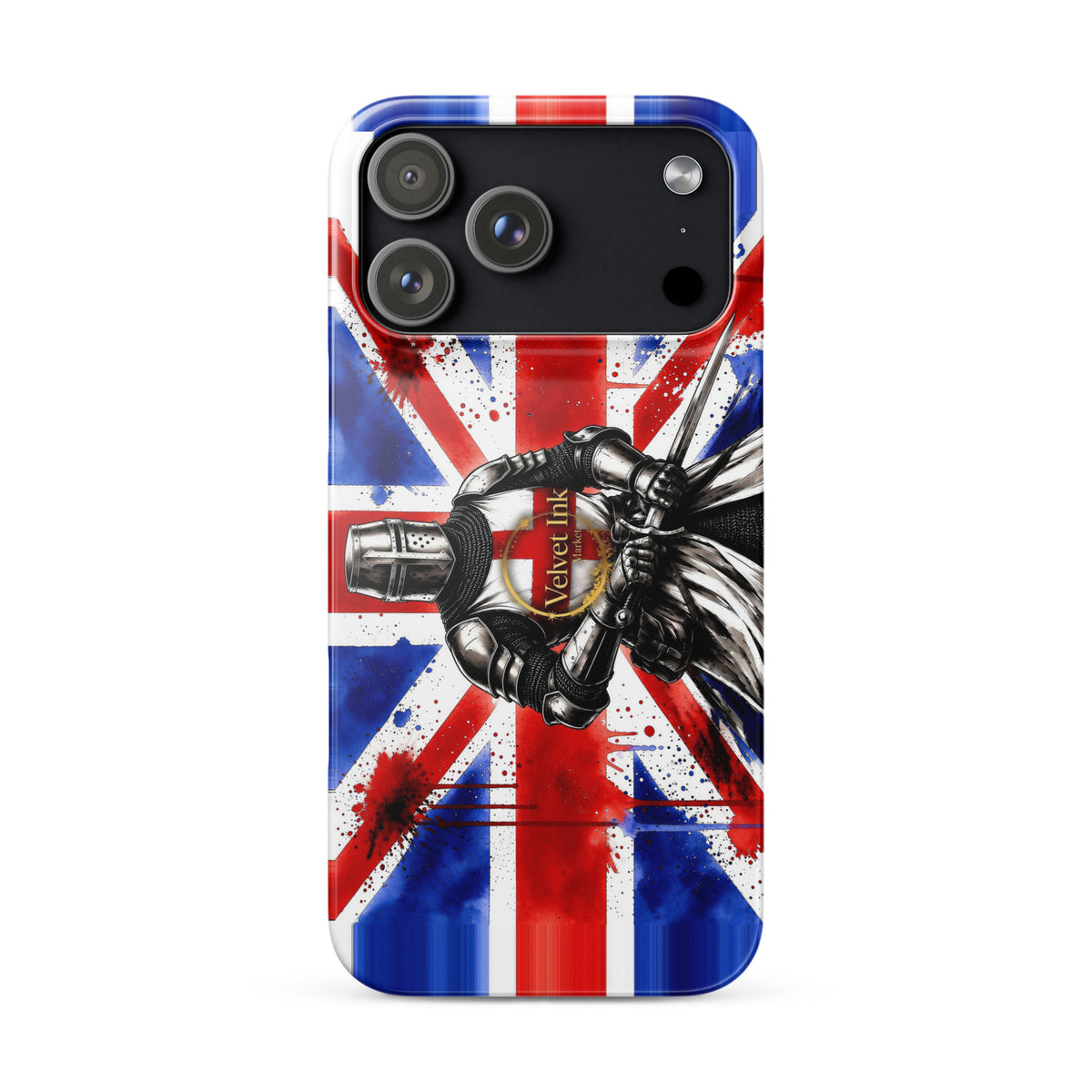 V.I.M Union Jack Knight snap case for iPhone 17 Pro Max, front view of the printed case.