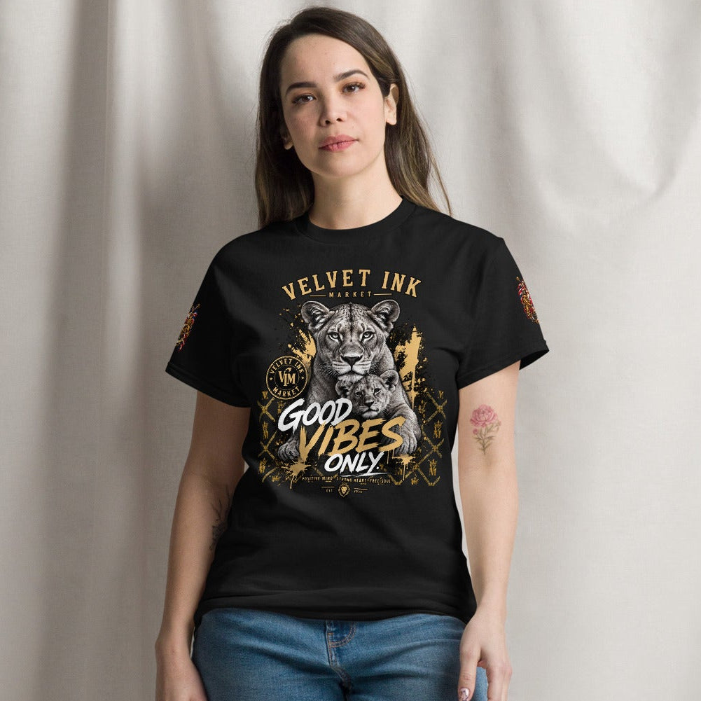 Velvet Ink Market Good Vibes Only Lion T-Shirt in black, front view featuring a lion graphic with Good Vibes Only lettering (additional photo 2).