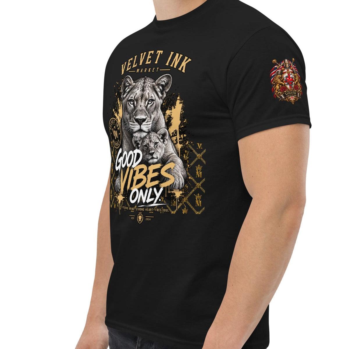 Velvet Ink Market Good Vibes Only Lion T-Shirt in black, left front view featuring a lion graphic with Good Vibes Only lettering.