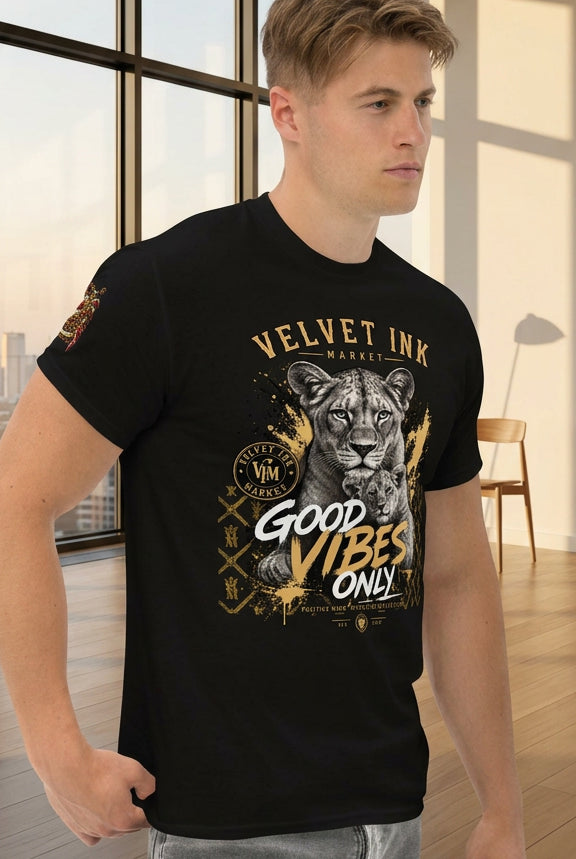 Velvet Ink Market Good Vibes Only Lion T-Shirt in black, right front view featuring a lion graphic with Good Vibes Only lettering.
