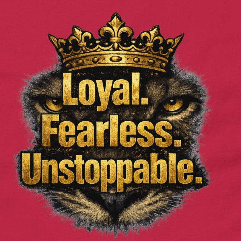 V.I.M Loyal Fearless Unstoppable Lion Tee with crowned lion graphic on premium soft cotton for everyday comfort