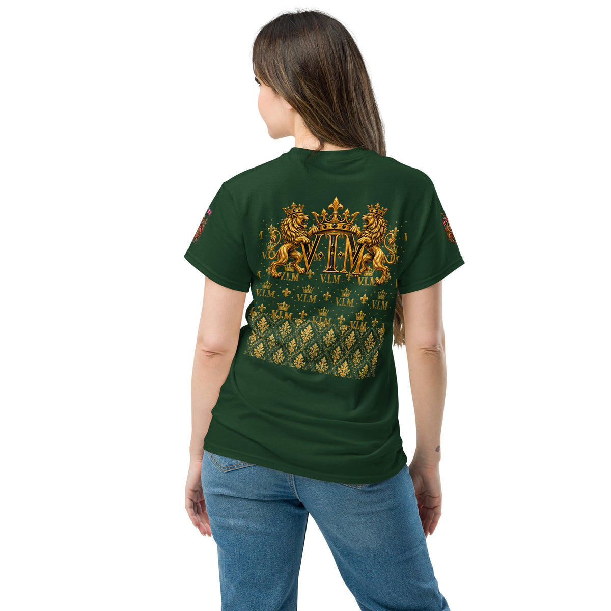 Velvet Ink Market Not Arguing Lion T-Shirt in forest green, back view.