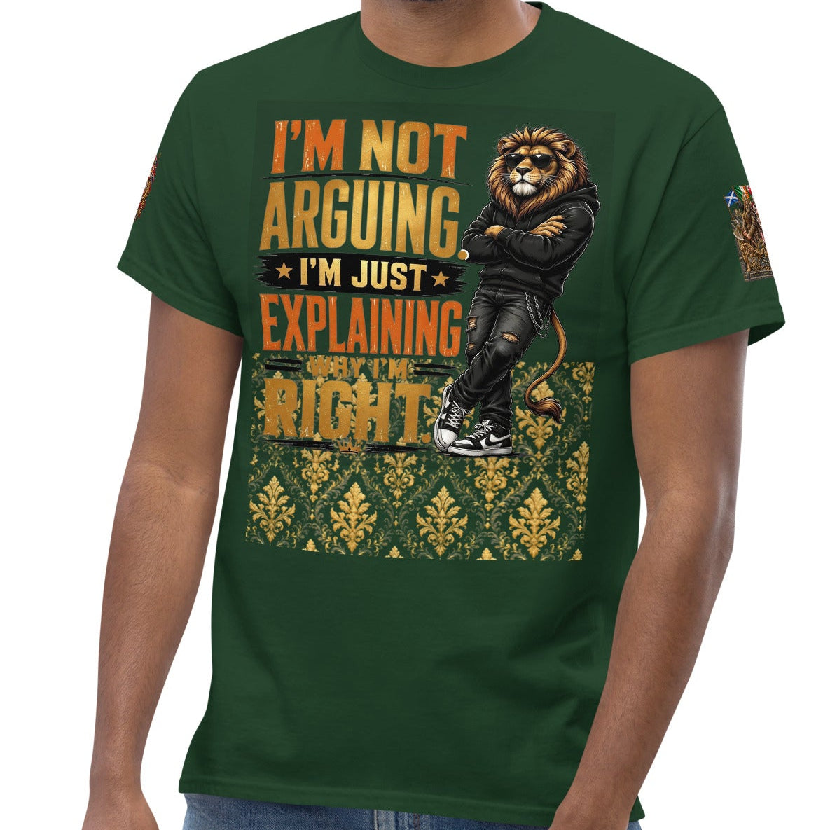 Velvet Ink Market Not Arguing Lion T-Shirt in forest green, front view featuring a lion graphic with Not Arguing lettering.