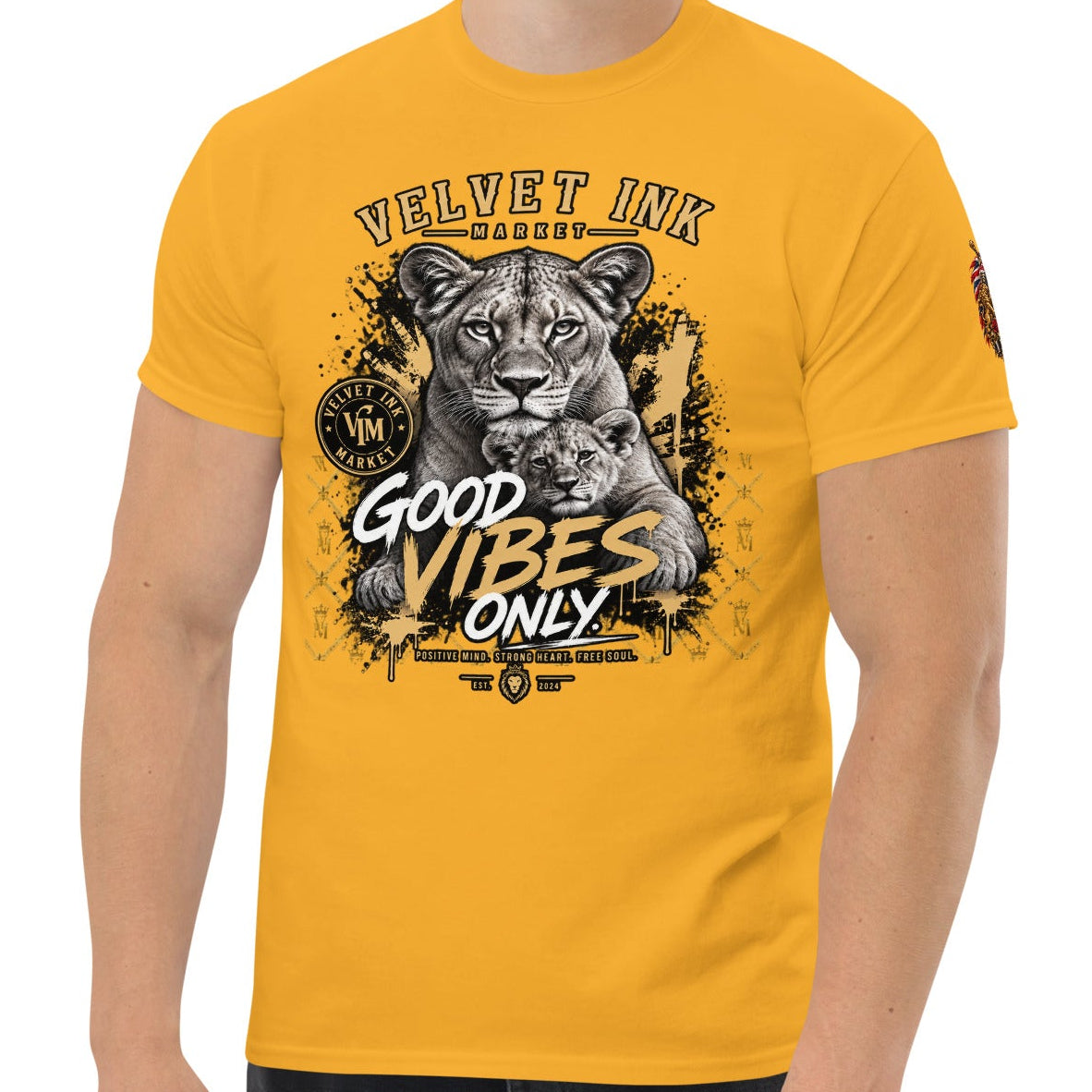 Velvet Ink Market Good Vibes Only Lion T-Shirt in gold, front view featuring a lion graphic with Good Vibes Only lettering.