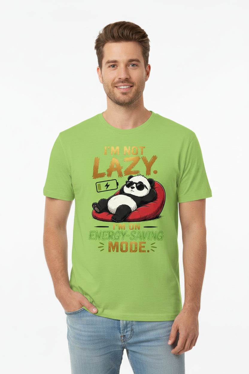 V.I.M Recharge Mode Tee with humorous "I'm Not Lazy" message on relaxed unisex cotton shirt for casual loungewear