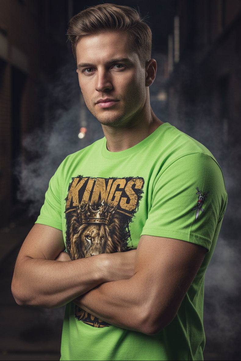 V.I.M Kings Are Made lion graphic tee with gold lettering and crown on premium cotton