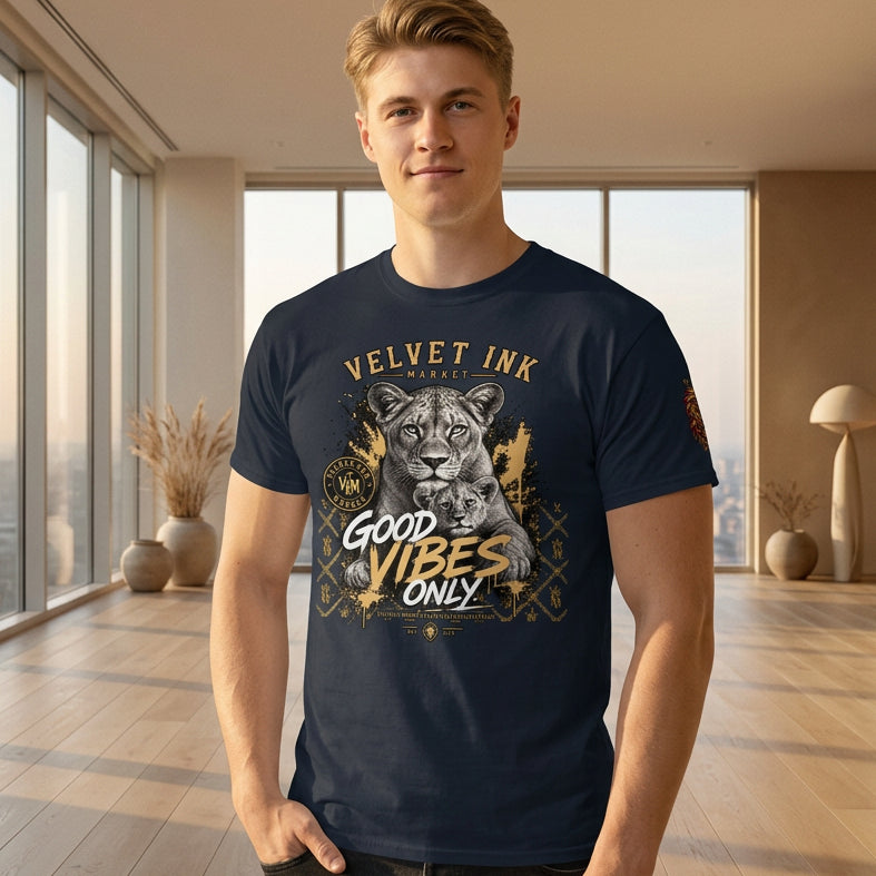 Velvet Ink Market Good Vibes Only Lion T-Shirt in navy, front view featuring a lion graphic with Good Vibes Only lettering.