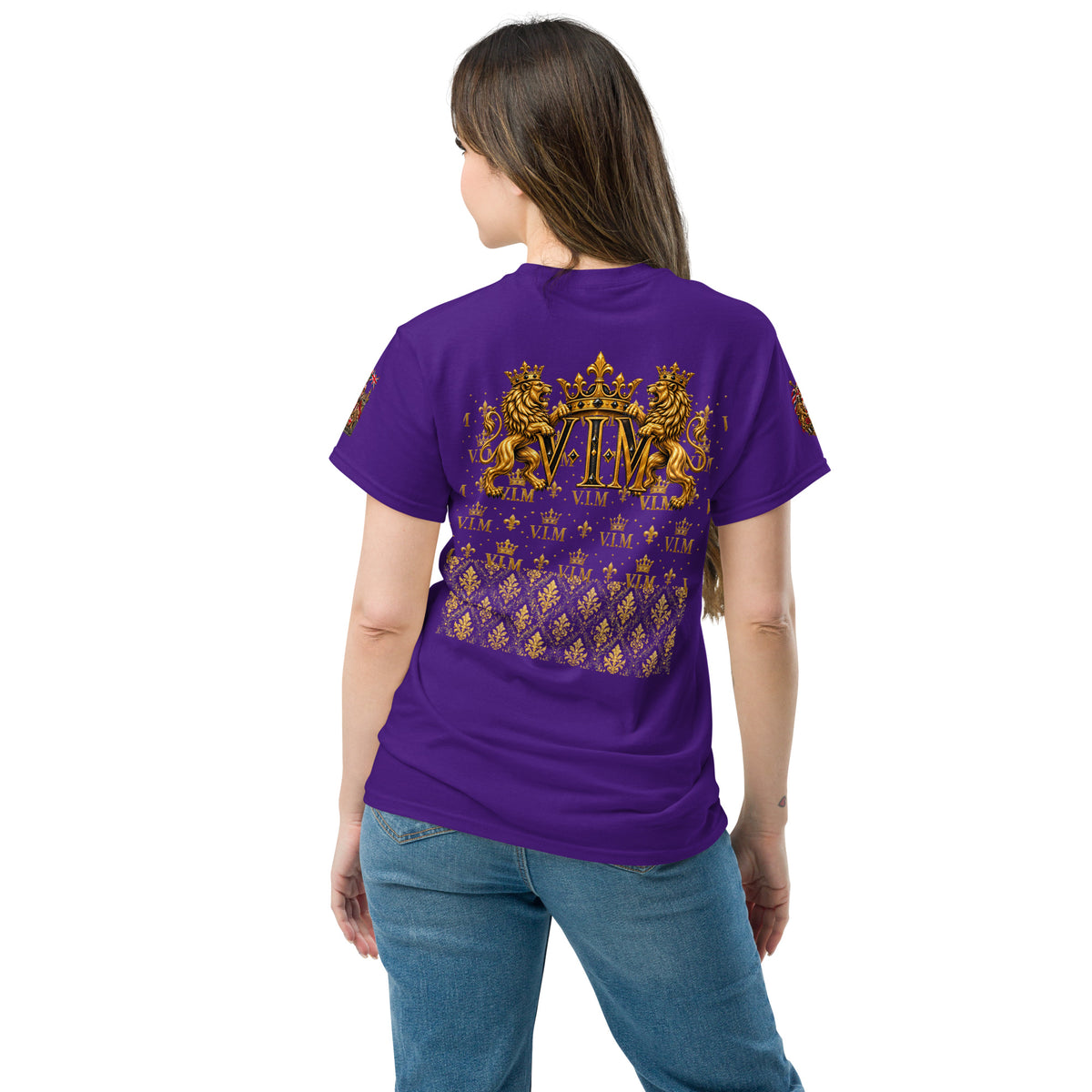 Velvet Ink Market Not Arguing Lion T-Shirt in purple, back view.