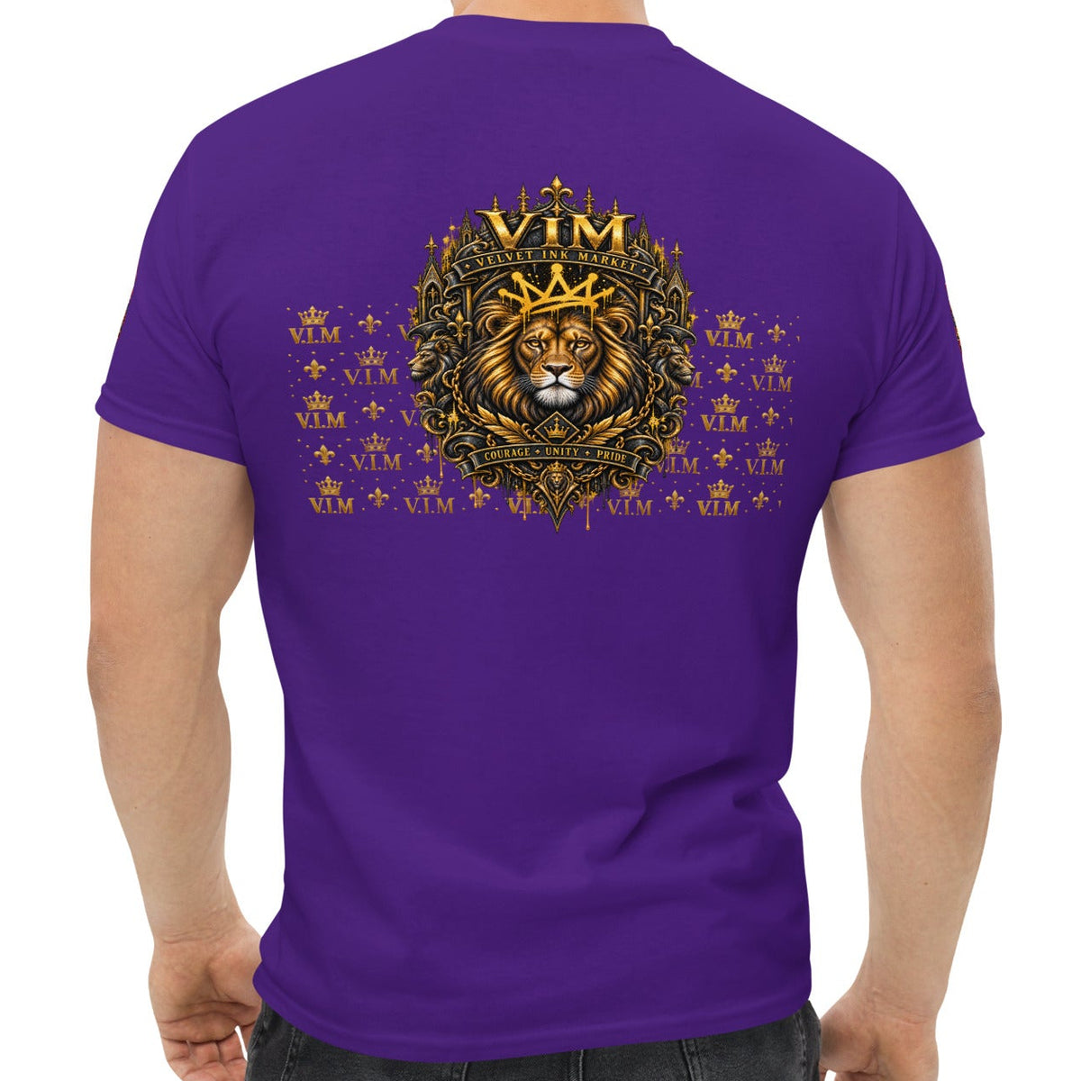 Velvet Ink Market Good Vibes Only Lion T-Shirt in purple, back view.