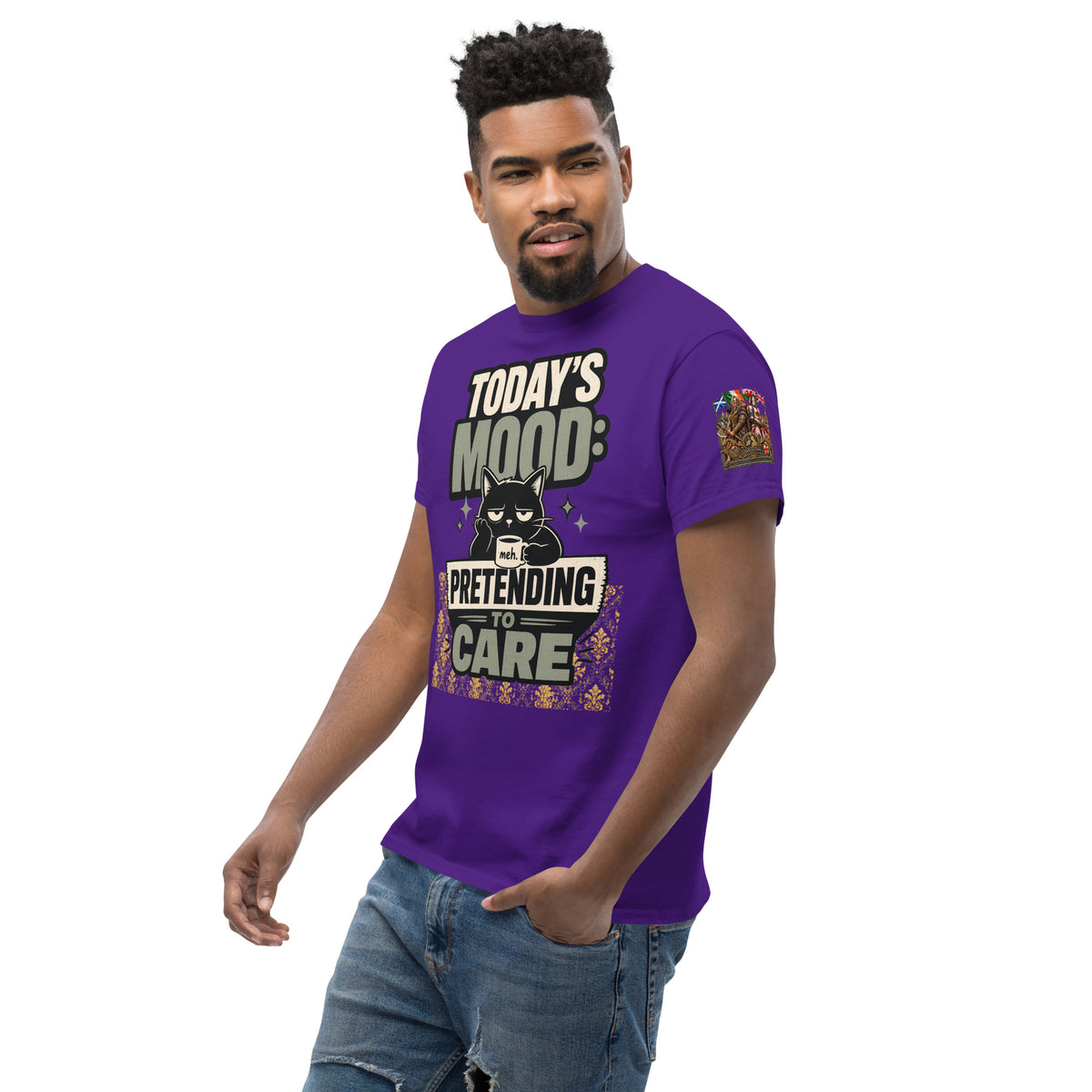 Velvet Ink Market Today's Mood Cat T-Shirt in purple, left front view featuring a cat graphic with Today's Mood lettering.