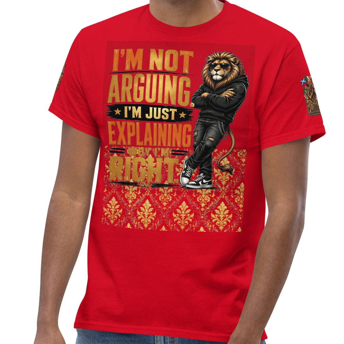 Velvet Ink Market Not Arguing Lion T-Shirt in red, front view featuring a lion graphic with Not Arguing lettering (additional photo 2).