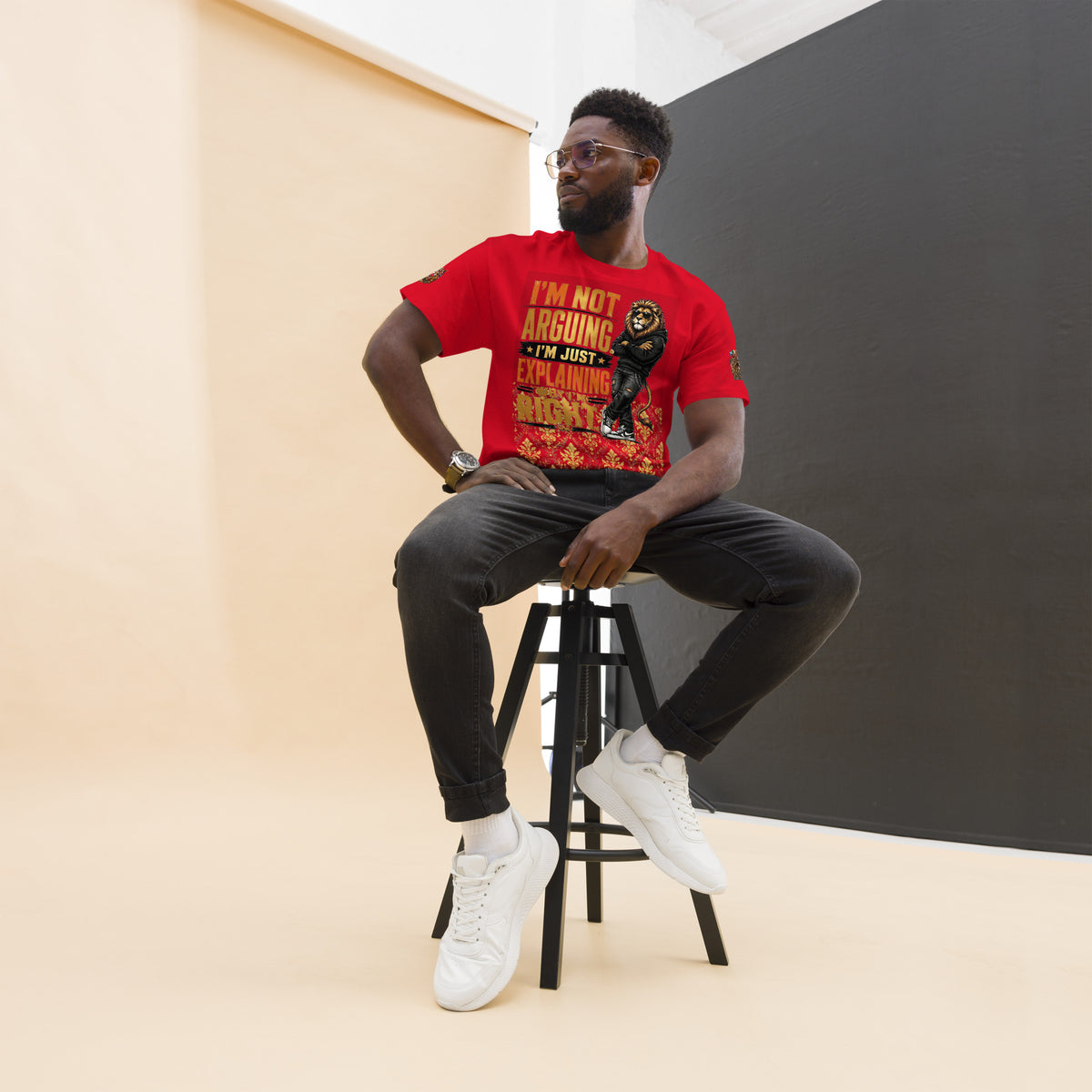 Velvet Ink Market Not Arguing Lion T-Shirt in red, front view featuring a lion graphic with Not Arguing lettering.
